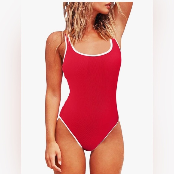 Elegant, classic ribbed, white trim, tummy control, full coverage Red Swimsuit - Picture 2 of 6